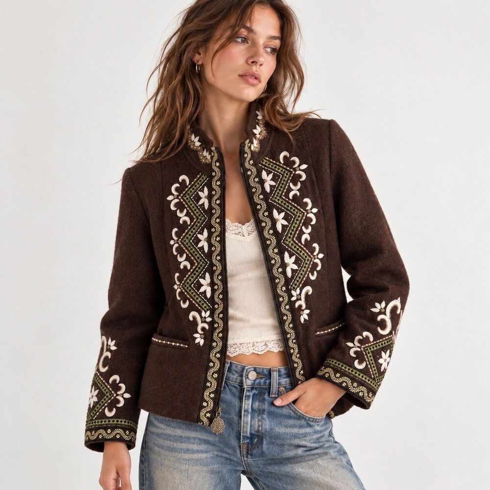 Iceland Design Brown Wool Zip Up Jacket Women’s Medium Floral Embroidered Boho